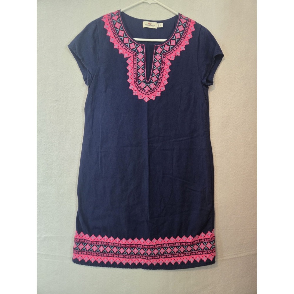 Vineyard Vines Dress Size 2 Navy Pink Embroidered Cotton Linen Shift